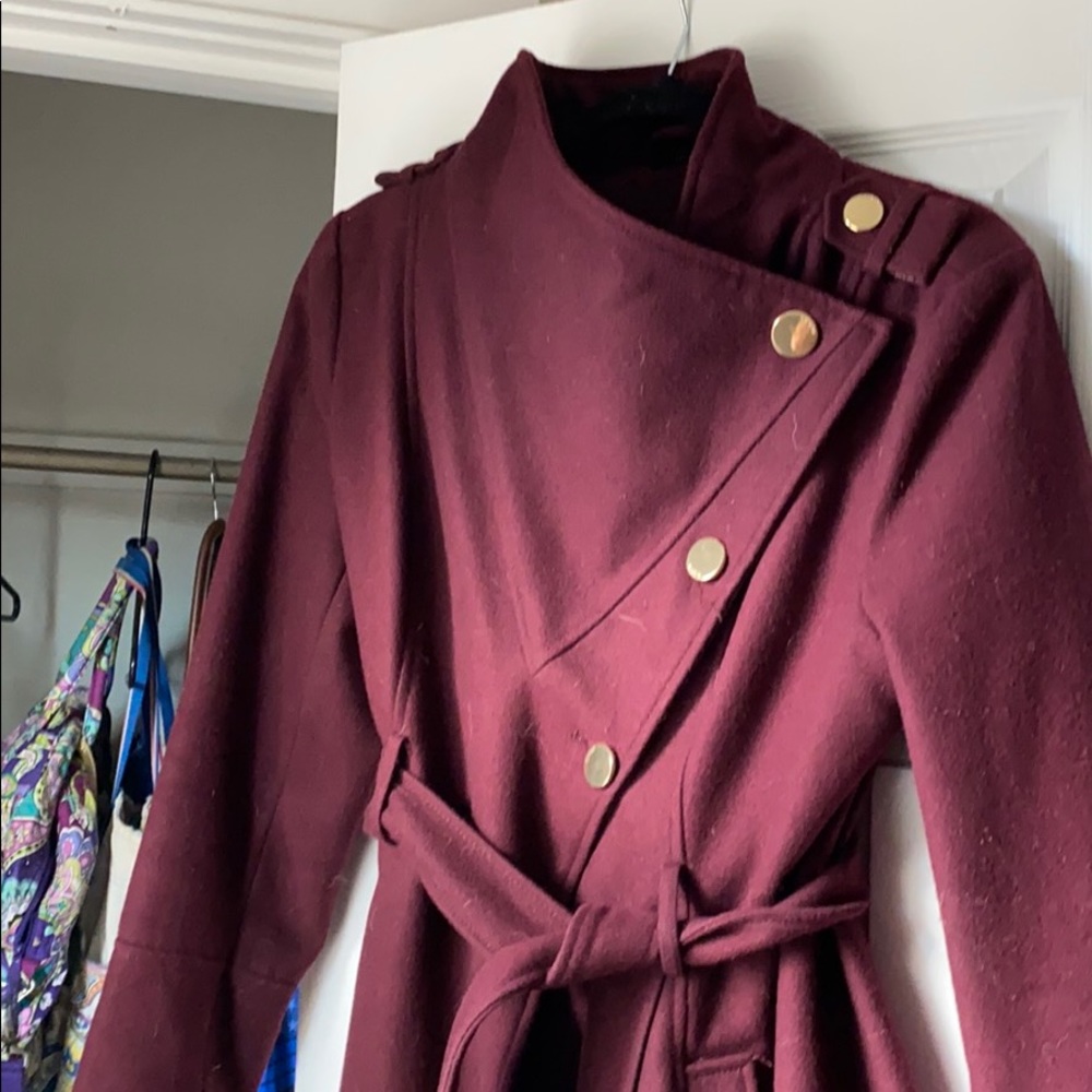 Maroon Pea coat with asymmetrical collar